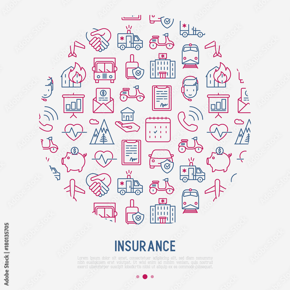 Insurance concept in circle with thin line icons: health, life, car, house, savings. Modern vector illustration for banner, template of web page, print media. Insurance concept in circle with thin line icons: health, life, car, house, savings. Modern vector illustration for banner, template of web page, print media.