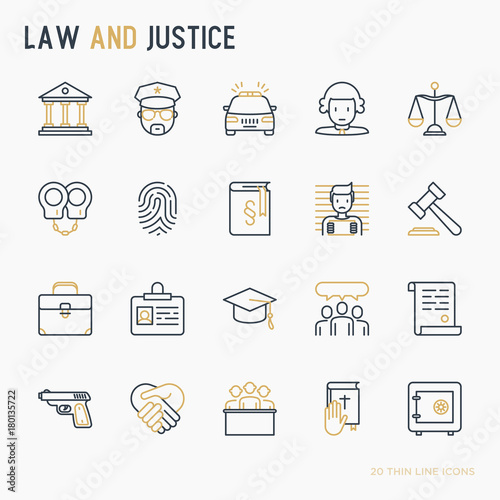 Law and justice thin line icons set: judge, policeman, lawyer, fingerprint, jury, agreement, witness, scales. Vector illustration.