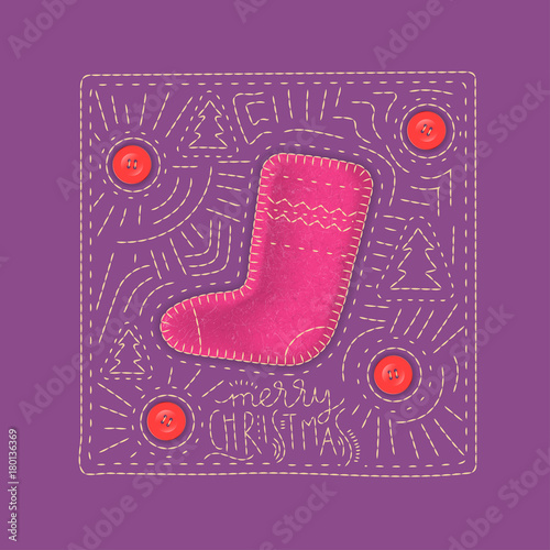 Vector concept of the festive greeting card. Boot made of pink felt on a purple background with embroidered lettering "Merry Christmas".