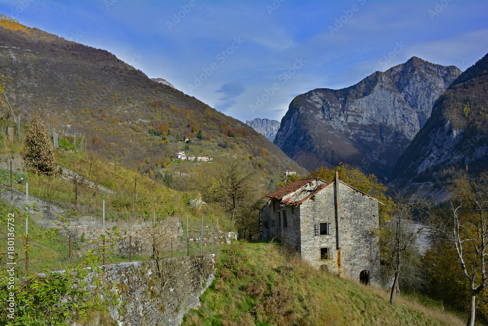 The autumn landscape around the small hill village of Erto in Friuli Venezia Giulia, north east Italy.
