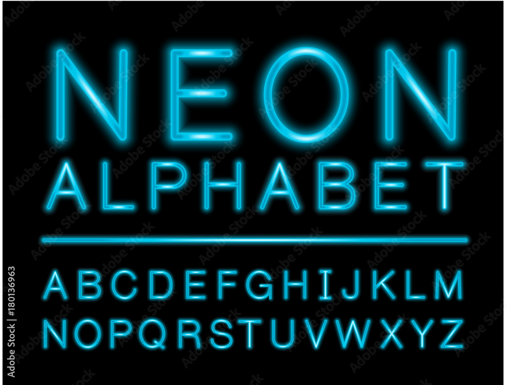 Blue neon alphabet with complete letters set with LED effect