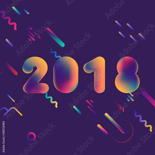 Vector "2018" concept. Fluid gradient numbers with geometric elements on a dark blue background. For trendy New Year posters, web templates.