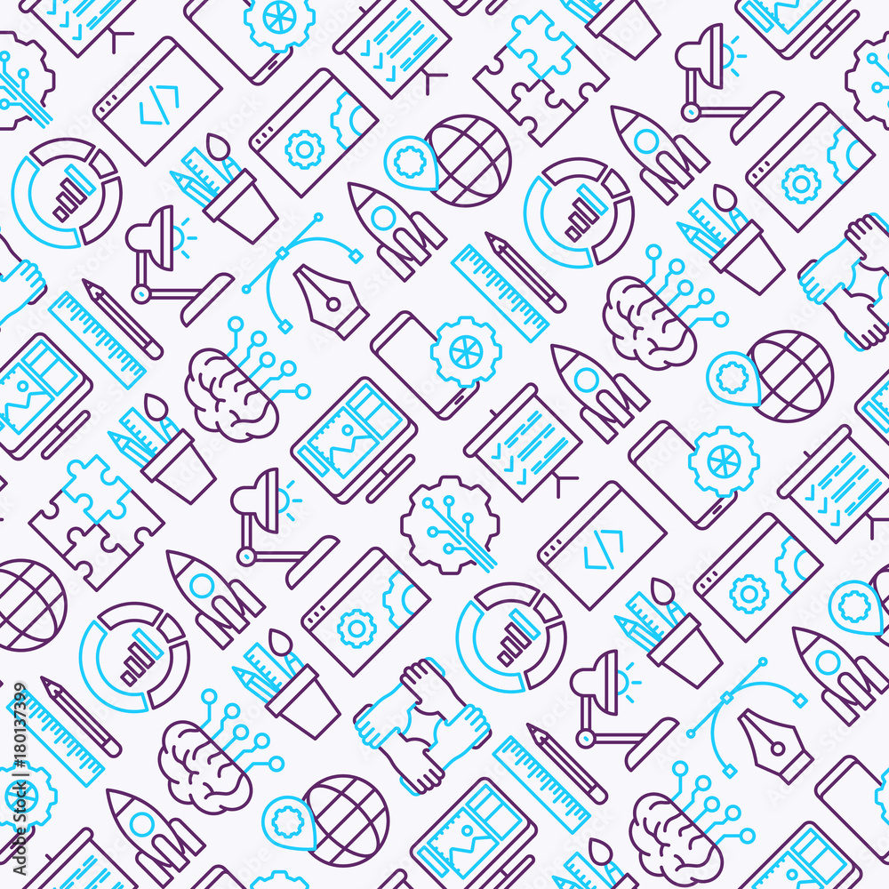 Web development seamless pattern with thin line icons of programming, graphic design, mobile app, strategy, artificial intelligence, optimization, analytics. Vector illustration for background. Web development seamless pattern with thin line icons of programming, graphic design, mobile app, strategy, artificial intelligence, optimization, analytics. Vector illustration for background.