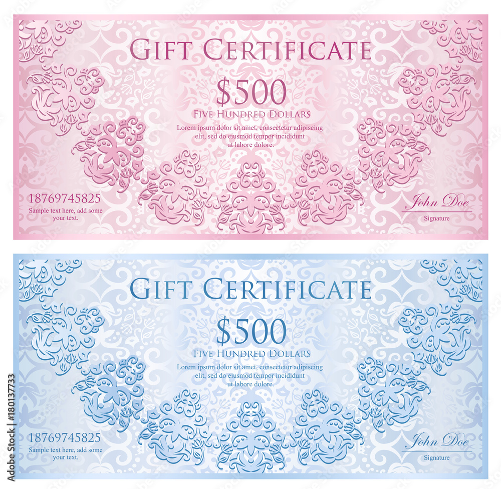 Luxury quartz pink and baby blue gift certificate with rounded lace decoration and vintage background