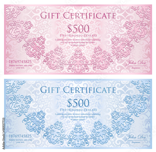 Luxury quartz pink and baby blue gift certificate with rounded lace decoration and vintage background