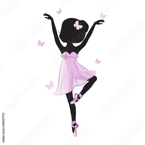 Silhouette of cute little ballerina in pink dress isolated on white background. Vector design. Print for t-shirt. Romantic hand drawing illustration for children.