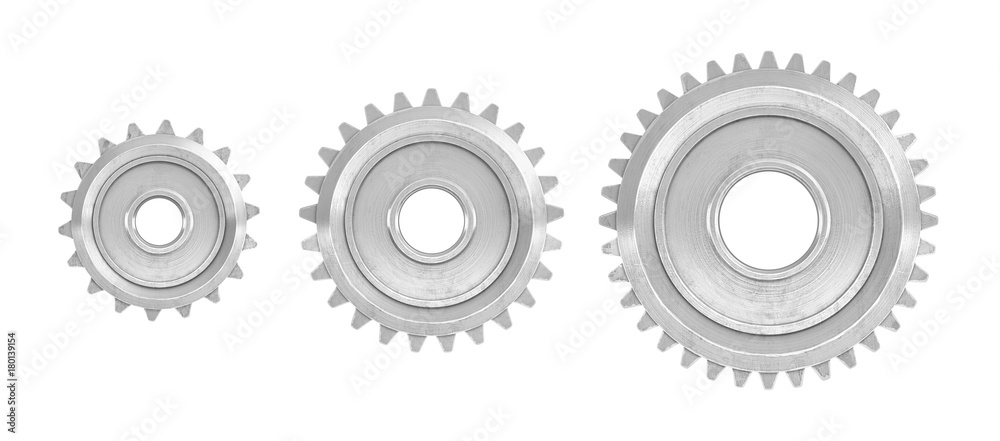 3d rendering of three straight gears of different sizes in front view isolated on a white background. 3d rendering of three straight gears of different sizes in front view isolated on a white background.