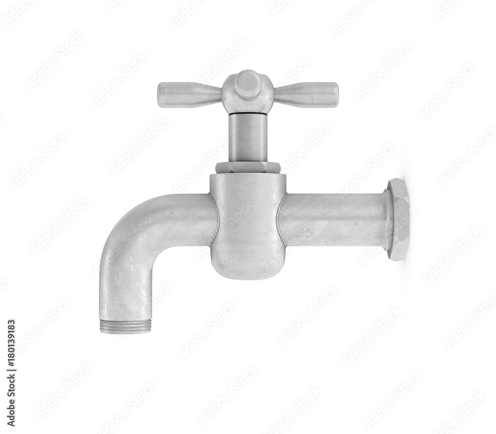 3d rendering of single metal water tap with a cross handle isolated on a white background.