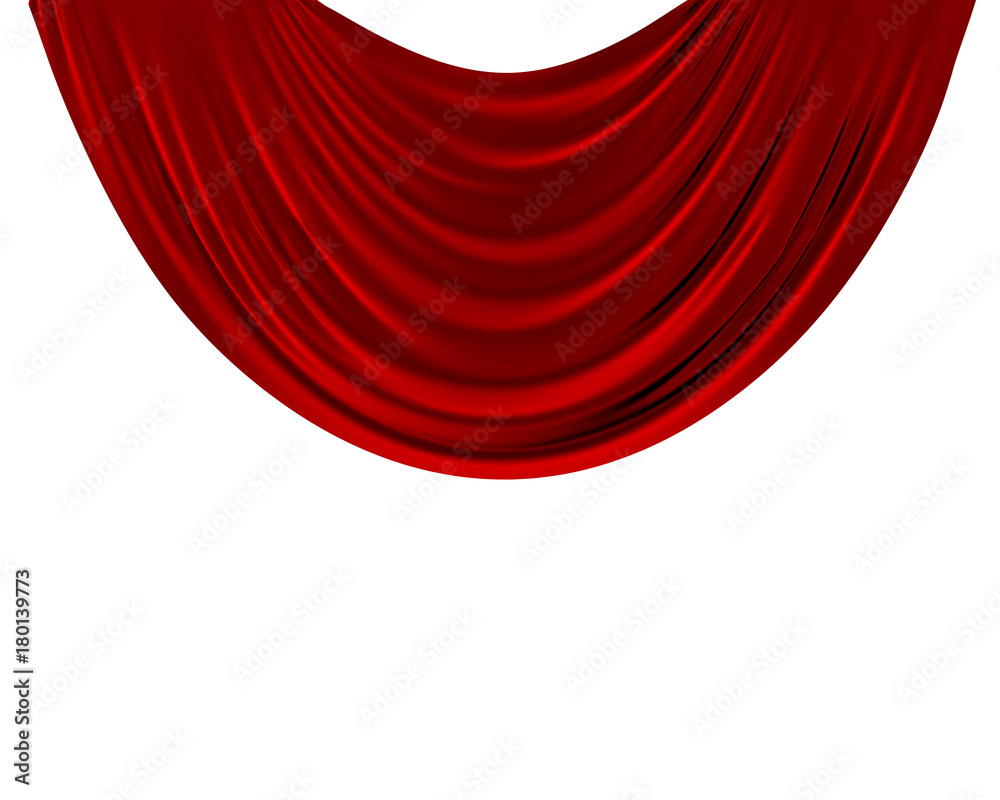 Red fabric theatre curtains on a plain white background. 3D Rendering - obrazy, fototapety, plakaty 