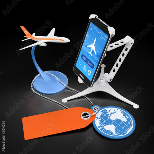 Booking Flight Via Mobile App. Illustration on the subject of 'Travel and Tourism'. 3D rendering graphics on reflective black background.
