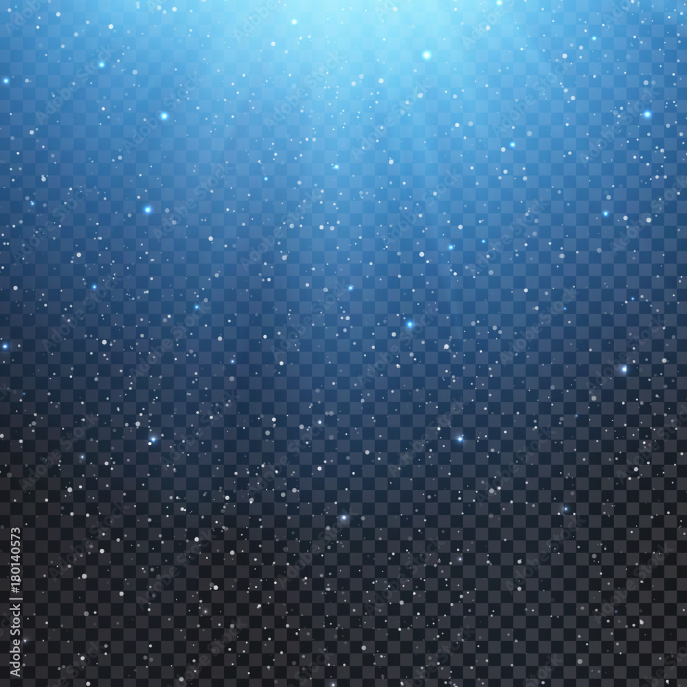 Light effect overlay with falling snow, rays and sparkles with blue