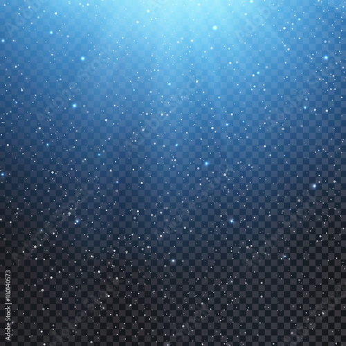 Light effect overlay with falling snow, rays and sparkles with blue glow on transparent background. Vector Christmas background