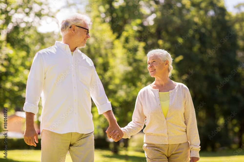 happy senior couple walking at summer park happy senior couple walking at summer park