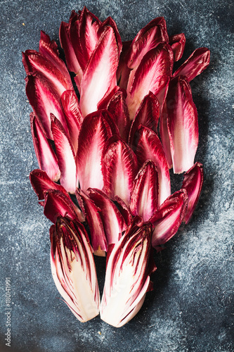 Fresh radicchio red chicory salad leaves overhead photo