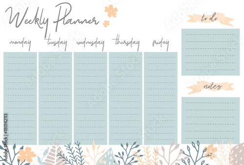 Weekly planner with flowers, stationery organizer for daily plans, floral vector weekly planner template, schedules photo