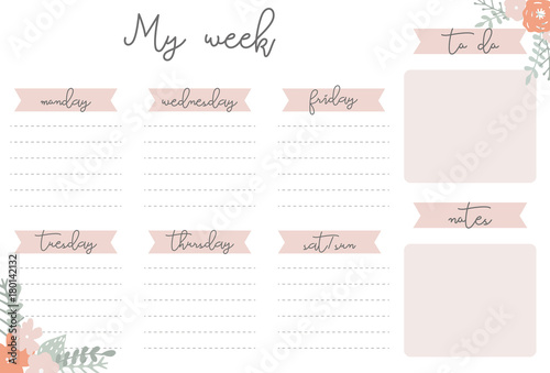 Pink weekly planner with flowers, stationery organizer for daily plans, floral vector weekly planner template, schedules photo