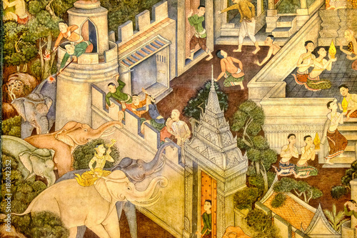 Vintage fresco of Wat Pho temple with musician plays music while sitting on an elephant. Traditional thailand in Wat Pho in Bangkok, Thailand