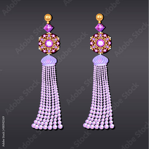 Illustration of earrings from beads of pearl lilac gems and gold with tassels