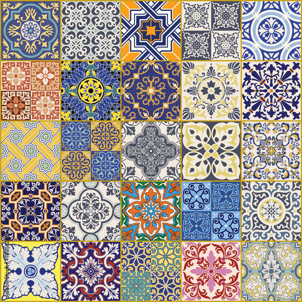 Azulejos tiles vector seamless pattern collection