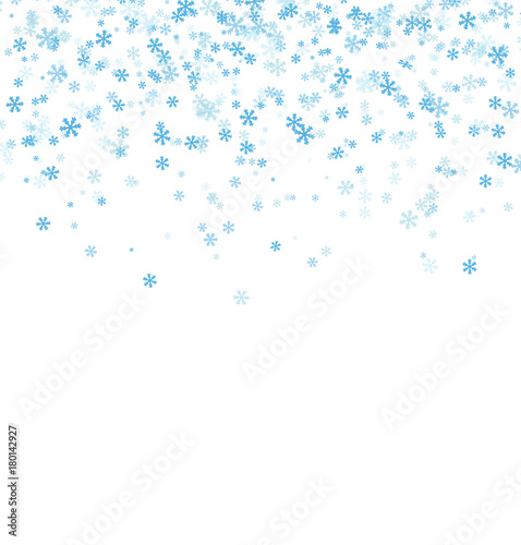 Falling blue snowflakes on white background