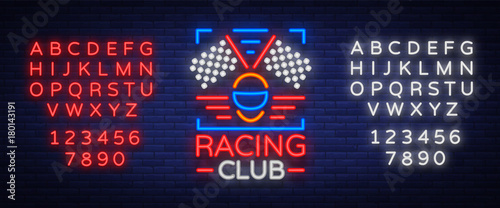 Racing Club neon logo logo. A glowing sign on the theme of the races. Neon sign, light banner. Vector illustration. Editing text neon sign. Neon alphabet