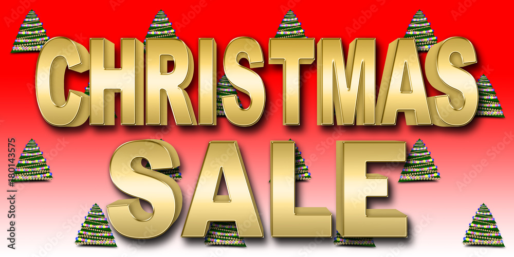 Stock Illustration - Golden Christmas Sale, Green Christmas Tree, 3D, Isolated Against the Red Gradient Background.