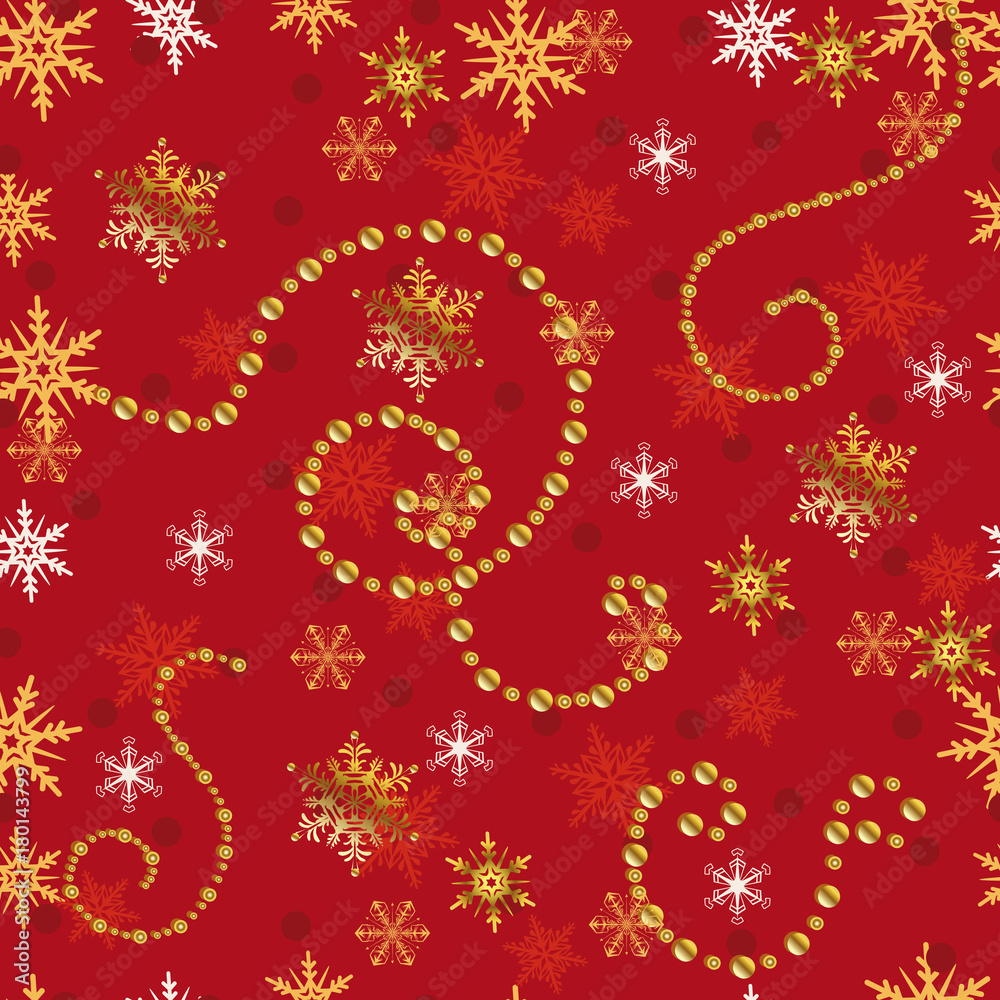 Christmas red seamless pattern with golden snowflakes. Christmas red seamless pattern with golden snowflakes.