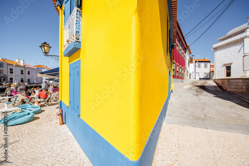 Beautiful yellow building in the old town of Aveiro city in Portugal