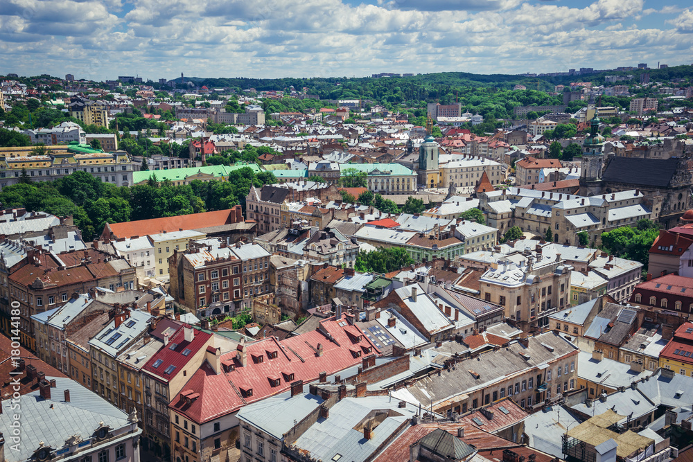 Lviv city seen from a City Hall tower, Ukraine