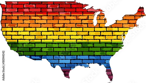 Map of USA in colors of LGBT - Illustration, 
Gay pride flag in contour of USA