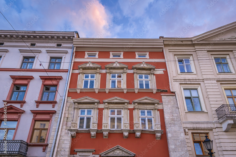 Townhouses on a main square of Lviv Old Town, Ukraine