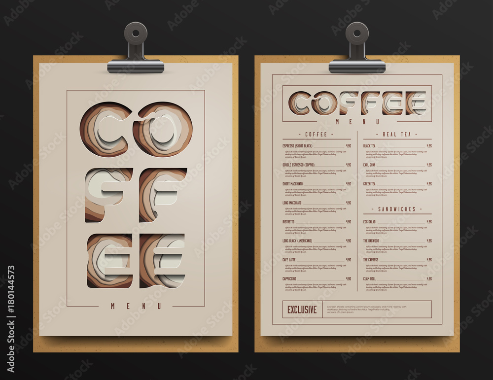 Coffee Shop Menu Template. Coffee Menu cart Mock Up. Vector Illustration.