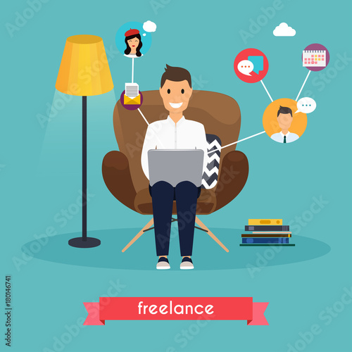 Man working at home. Young man sitting on a chair and using laptop. Freelance,  self employed, freedom, in living room.