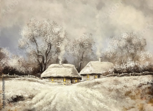 Fototapeta Naklejka Na Ścianę i Meble -  The art. Winter oil paintings landscape, digital art, fine art