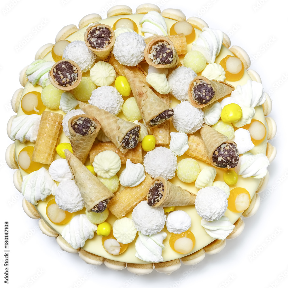 Delicious round cake handmade on a white background Delicious round cake handmade on a white background