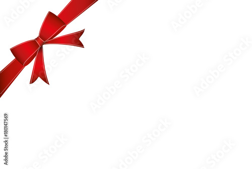Decorative red ribbons with bow  banner in the corner diagonally. With copy space isolated on white. Vector. For a holiday or a party