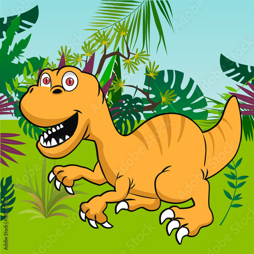 Cute dinosaur with tropical forest background