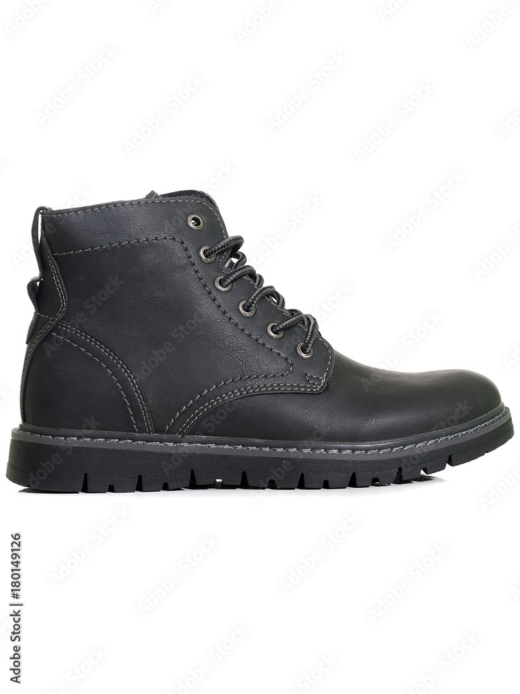 Black leather men's winter boots isolated on white