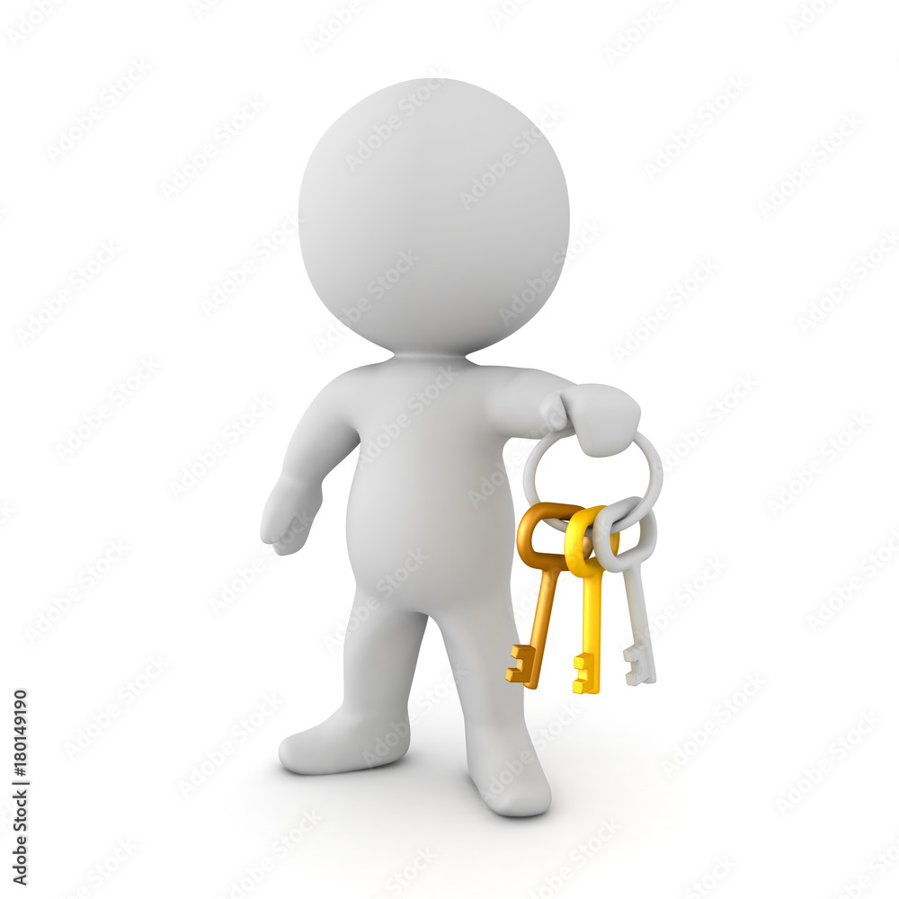 3D Character holding a key chain with multiple colored keys 3D Character holding a key chain with multiple colored keys