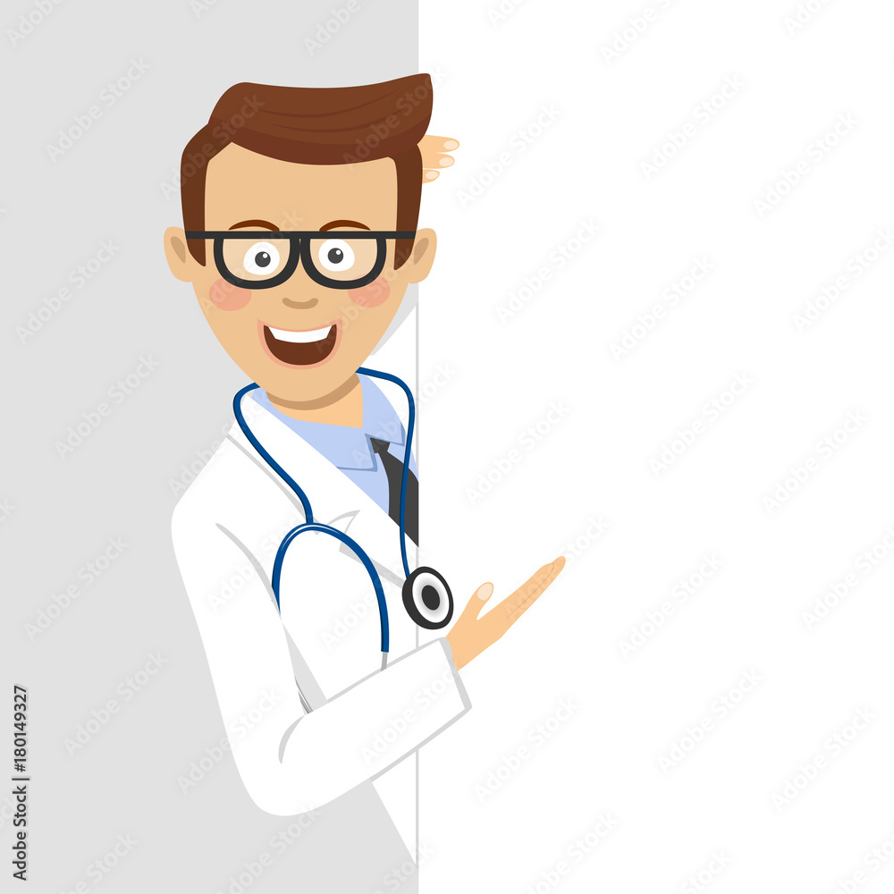 Young doctor with glasses with empty blank placard Young doctor with glasses with empty blank placard