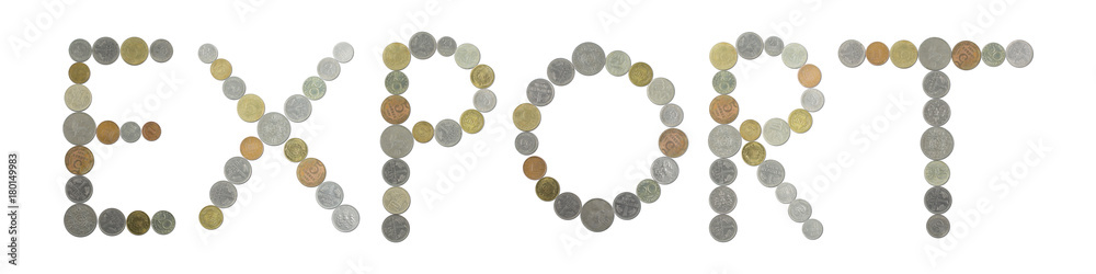 EXPORT word with old coins on white background
