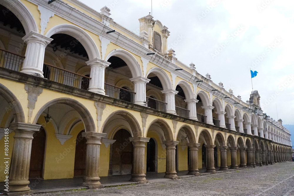 View of colonial colorful buildings in Antigua, Guatemala