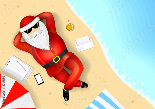 Santa Claus resting and lying on a tropical beach. The list of gifts. The ocean and the sand with the waves