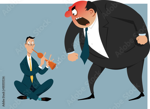 Snake charmer attempting to hypnotize enraged boss or bully coworker, EPS 8 vector illustration