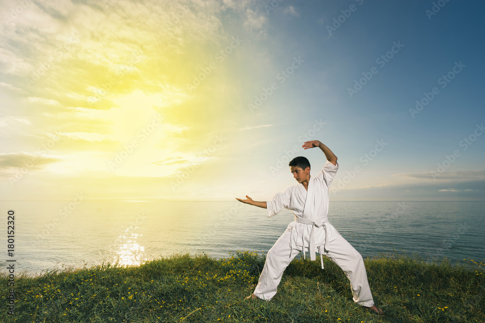 Kid training karate on the nature. Beautiful sea and sunset sky on background. Kid training karate on the nature. Beautiful sea and sunset sky on background.