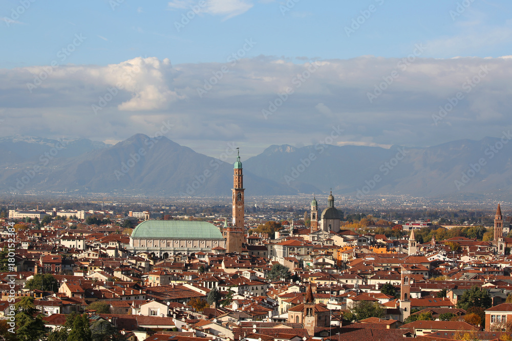 Wide panoramic view of VICENZA city in Italy and the monument ca