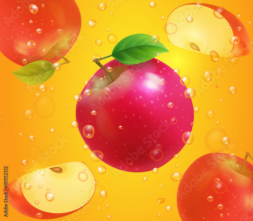 Red apple on juice background with bubbles. Fresh fruit illustration design for packaging