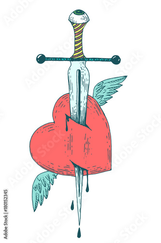 Vector sword and heart. Vintage style hand drawn illustration