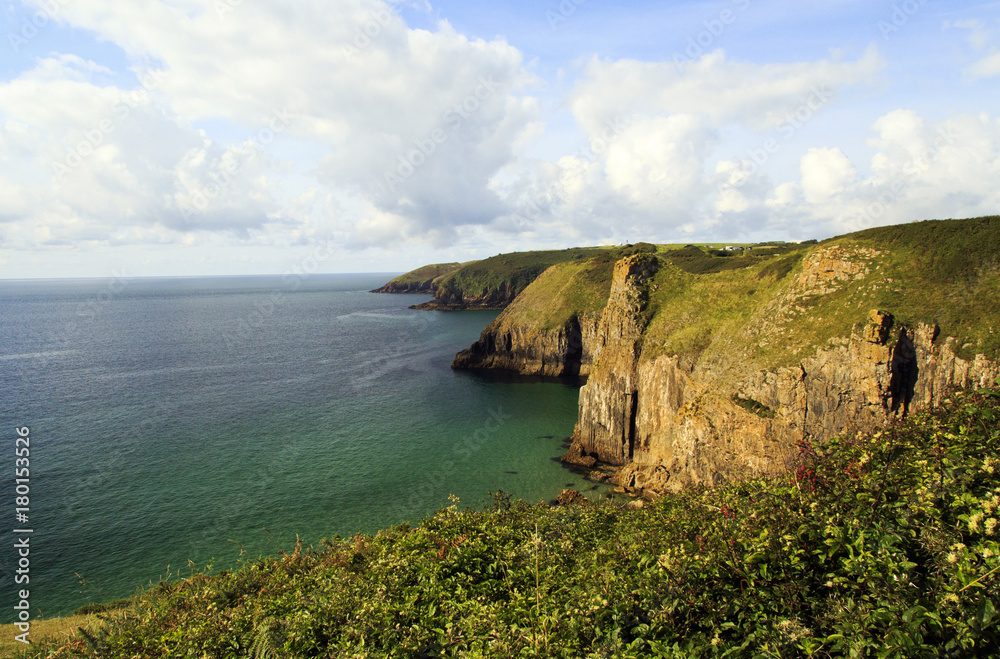 Pembrokeshire rugged Coast  line with cliffs and sea, Manobier, Wales