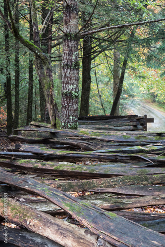 Split rail fence view directly over top with road and trees  vertical aspect